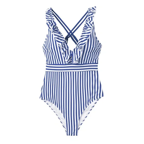 Cupshe Blue White Striped One Piece Swimsuit Ring Strap Medium Beach Vacation - Picture 2 of 5
